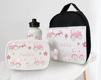 Personalised Pink Tractor lunch box Bag Girls boys Tractor Pastel Colours flowers school lunch box water bottle nursery set toddlers kids