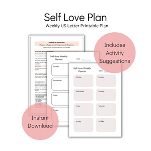 Può includere: Pianificatore di auto-amore stampabile con layout settimanale. Il pianificatore include una sezione per le attività quotidiane e una sezione per gli appunti. Il pianificatore è progettato per aiutarti a concentrarti sull'auto-cura e sul benessere.