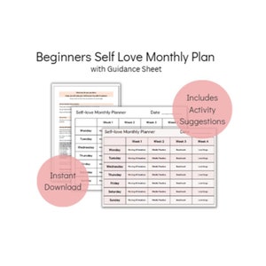 May include: A self-love monthly planner with a guidance sheet. The planner includes activity suggestions and is an instant download. The planner is light pink and white with a grid layout for each day of the week.