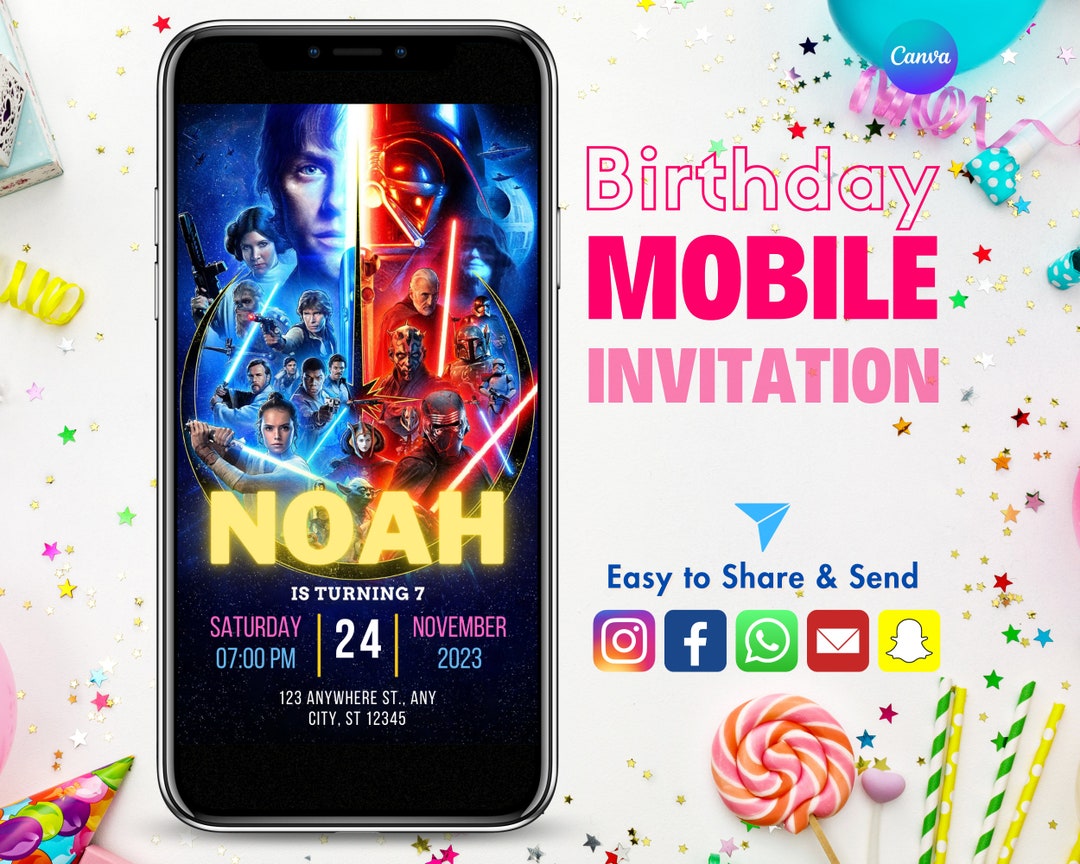 Star Wars Mobile Evites Happy Birthday Card Kids Party Etsy