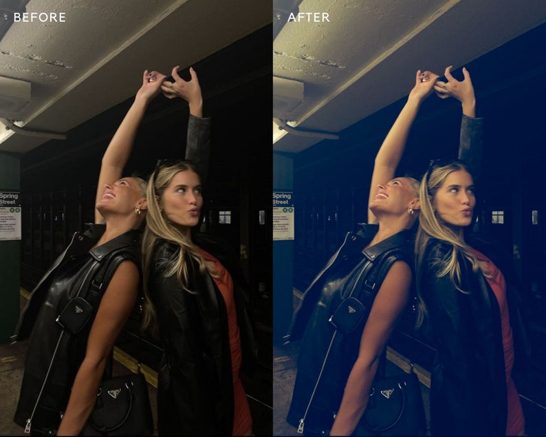 May include: Two women wearing black leather jackets pose with their arms raised in the air. One woman is wearing a red sleeveless top and the other is wearing a black sleeveless top. They are standing in front of a subway station with a sign that reads "Spring Street".