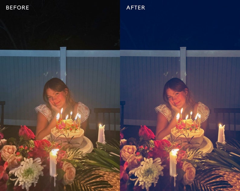 May include: A person sits at a table with a lit birthday cake with candles. The cake is decorated with flowers and is on a white plate. The table is decorated with flowers and greenery. The person is smiling and looking at the camera.