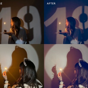 May include: A woman holds a small cake with a lit candle in front of a large, white, illuminated '18' on a wall. The woman is wearing a white shirt and has long, dark hair. The image is split into four sections, with the top two showing the woman from the front and the bottom two showing her from the back. The bottom two sections show the woman's shadow on the wall, which includes a crown and a rabbit.