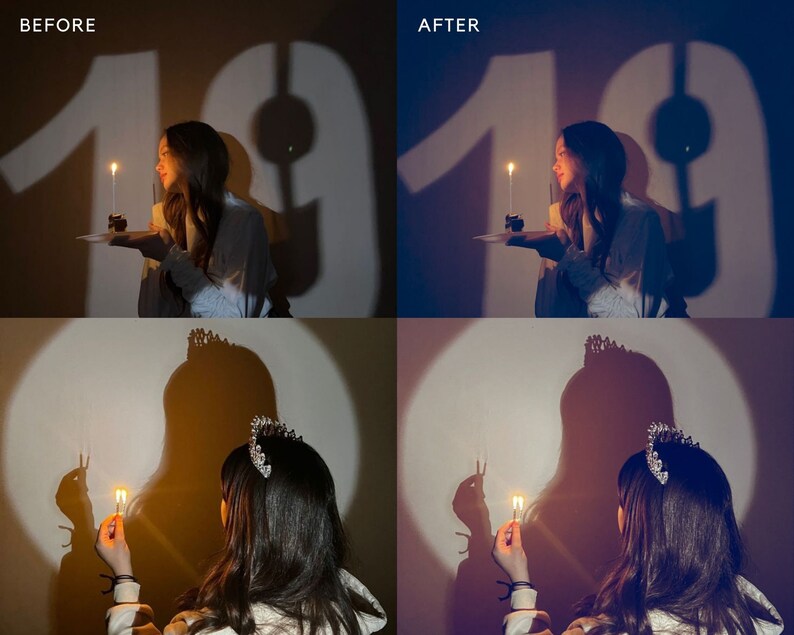 May include: A woman holds a small cake with a lit candle in front of a large, white, illuminated '18' on a wall. The woman is wearing a white shirt and has long, dark hair. The image is split into four sections, with the top two showing the woman from the front and the bottom two showing her from the back. The bottom two sections show the woman's shadow on the wall, which includes a crown and a rabbit.