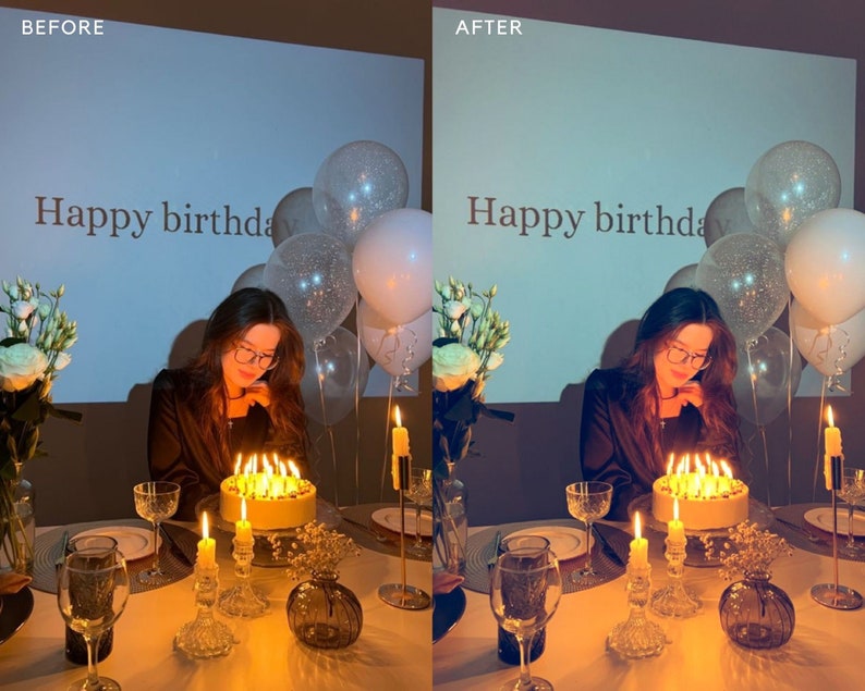 May include: A woman in a black shirt blows out candles on a birthday cake with the words "Happy birthday" written on a screen behind her.