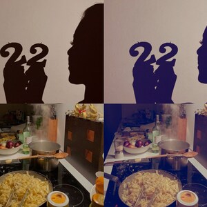 May include: A close-up of a kitchen counter with two pots of pasta on the stove. The pasta is cooked and ready to be served. There is a bottle of wine and a glass of wine on the counter. The background is a white wall with a shadow of a person holding the numbers 22.