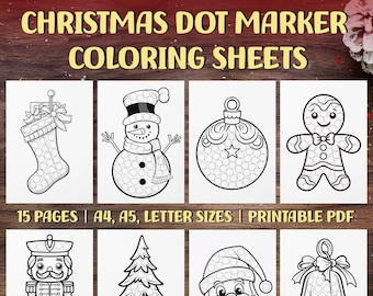 May include: A set of 15 printable Christmas dot marker colouring pages featuring images of a stocking, snowman, bauble, gingerbread man, nutcracker, Christmas tree, Santa Claus, and a bell. The pages are designed for use with dot markers and are available in A4, A5, and letter sizes. 15 PAGES | A4, A5, LETTER SIZES | PRINTABLE PDF