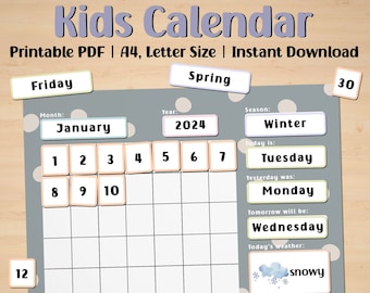 Printable Kids Calendar: Montessori Learning, Weather & Seasons (PDF)