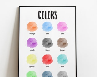 May include: A printable chart with the word "COLORS" at the top. The chart shows 12 different colors with a watercolor-style paint swatch for each color. The colors are orange, blue, pink, purple, black, brown, yellow, red, teal, green, indigo, and gray.