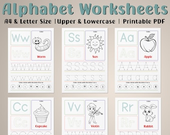 Schede didattiche stampabili sull'alfabeto: tracciamento dell'alfabeto, pagine da colorare (download digitale)