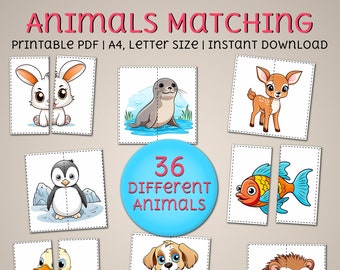 Dieren Matching Game: peuterpuzzel, voorschoolse activiteit (A4-letter)