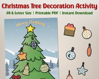 May include: A printable Christmas tree decoration activity for kids. The activity includes a Christmas tree with ornaments and gifts to be cut out and placed on the tree. The text "Merry Christmas" is at the top of the page.
