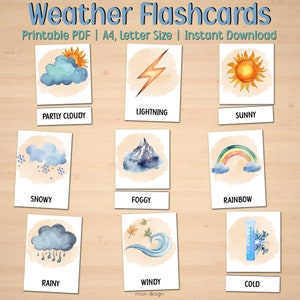 Cartões flash meteorológicos, atividades pré-escolares, cartões Montessori para impressão, atividades infantis, cartões flash para crianças, escola em casa, download instantâneo