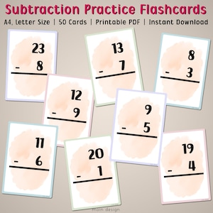 Subtraction Practice Flash Cards, Printable Math Activities, Montessori Cards, Educational Learning For Kids, Subtraction Math Worksheet