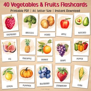 Fruits and Vegetables Flash Cards, Preschool Activity, Printable Montessori Cards, Toddler Activity, Flash Cards for Kids, Instant Download