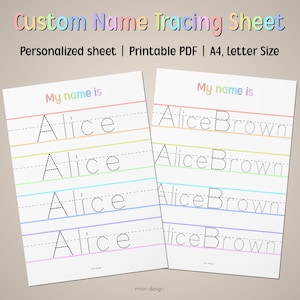 Puede incluir: Hoja de trazado de nombre imprimible para niños con el nombre "Alice Brown" en un contorno punteado. La hoja tiene cuatro líneas para trazar el nombre, cada línea tiene un borde de color diferente.