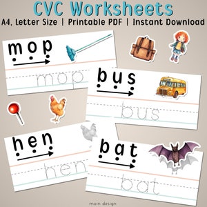 Hoja de trabajo de palabras CVC imprimible, actividad para niños pequeños, aprender a leer, escribir a mano, lectura temprana, práctica preescolar, juego de fonética, aprender a deletrear