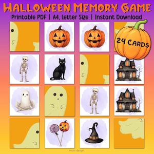 May include: A printable Halloween memory game with 24 cards featuring images of pumpkins, ghosts, skeletons, black cats, haunted houses, and witch hats. The game is designed for A4 paper size.