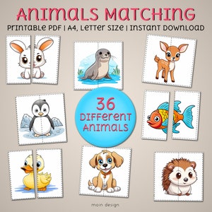 Animals Matching Game: Toddler Puzzle, Preschool Activity (A4 Letter)