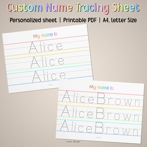 Puede incluir: Hoja de trazado de nombre imprimible para niños. La hoja tiene el nombre "Alice" y "Alice Brown" escrito en líneas punteadas para trazar. La hoja está diseñada para el tamaño de papel A4.