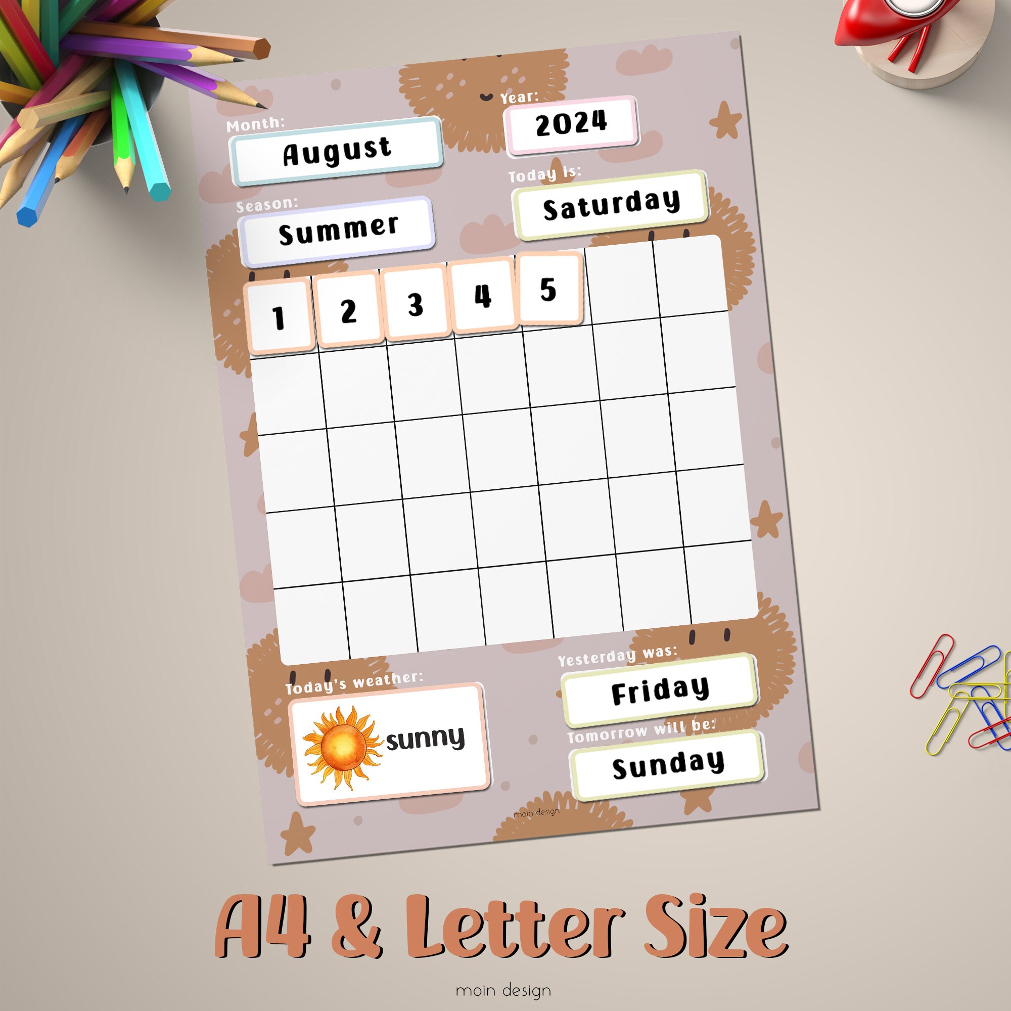 Printable Daily Kids Vertical Calendar, Montessori Materials, Kids Wall ...