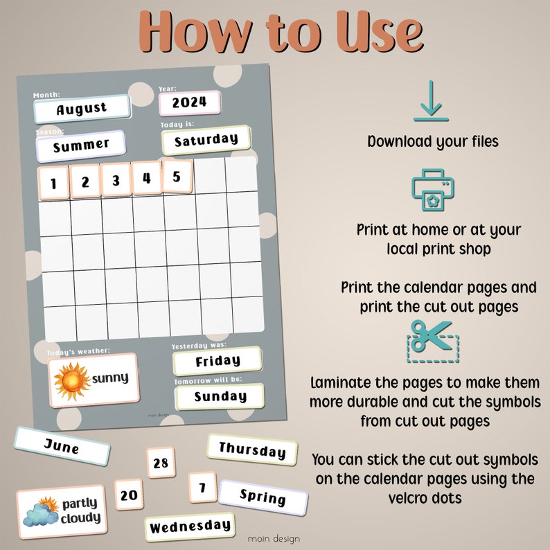 Printable Daily Kids Vertical Calendar, Montessori Materials, Kids Wall ...