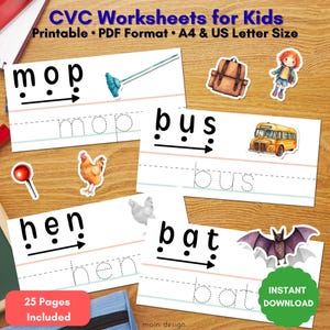 CVC Words Phonics Worksheets: Kindergarten Reading Practice (PDF Downloadable Printables A4/US Letter Format)