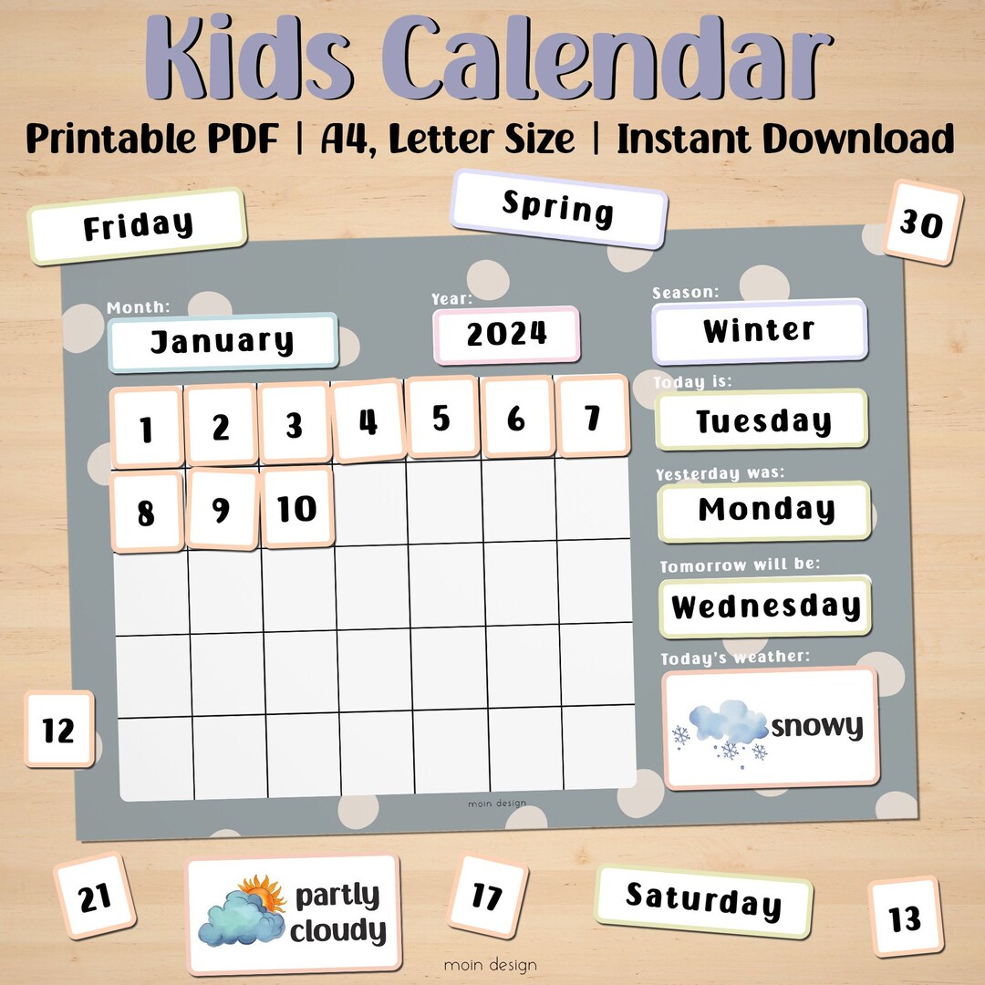 Printable Daily Kids Calendar, Montessori Materials, Kids Wall Calendar ...