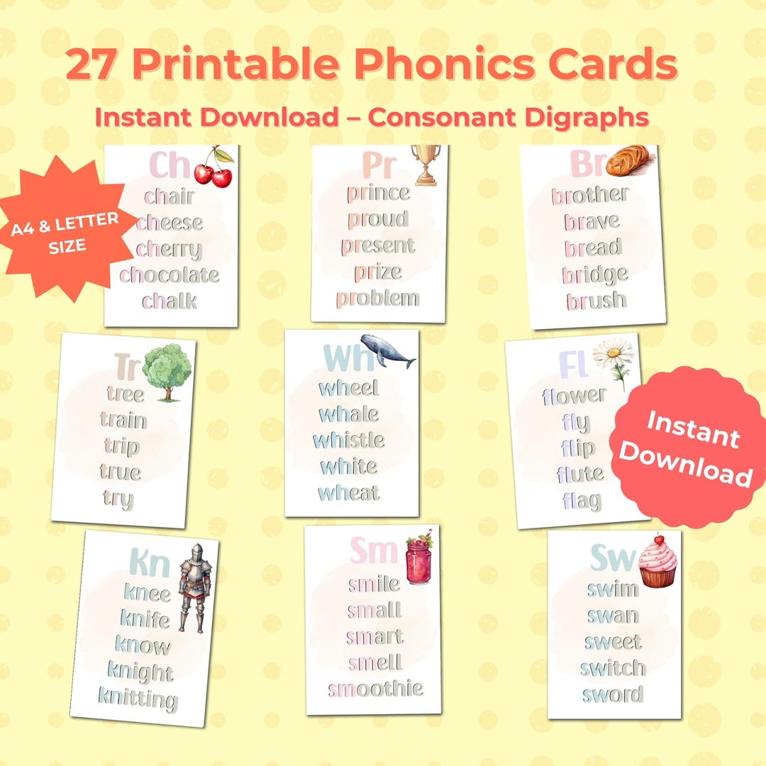 Printable Phonics Flash Cards: Consonant Digraphs & CVC Words (PDF ...