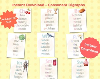 Printable Phonics Flash Cards: Consonant Digraphs & CVC Words (PDF Download