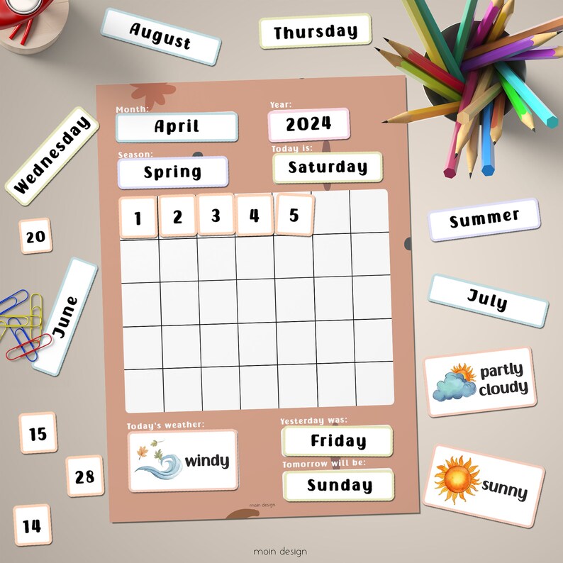 Printable Daily Kids Vertical Calendar, Montessori Materials, Kids Wall ...