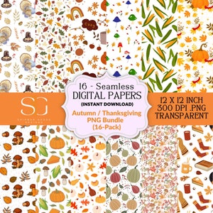 Cute Autumn Thanksgiving Seamless Pattern, Fall Thanksgiving Seamless Repeat Pattern, PNG Files, Printable Digital Paper, Transparent PNG