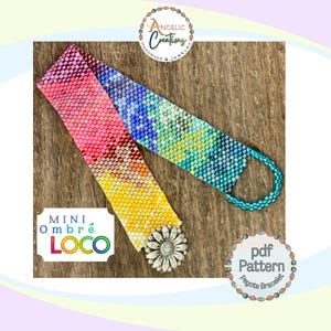 May include: A beaded bracelet featuring a vibrant rainbow ombre pattern of small square beads, transitioning from pink and orange to yellow, blue, and green. The bracelet includes a silver flower-shaped button clasp and a circular beaded loop.