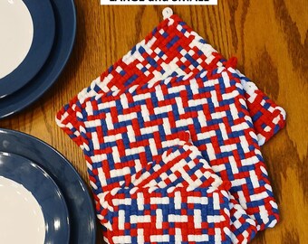 Juego de agarraderas americanas tejidas a mano: decoración patriótica para la cocina
