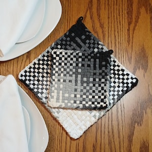 Handmade Loom Woven Potholders and Hot Pads, Shades of Gray Series, 100% Cotton, Modern Farmhouse, Housewarming / Hostess Gift, For Him