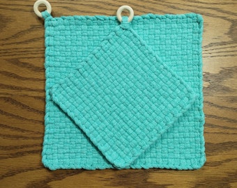 Handmade Loom Woven Potholders and Hot Pads, Sea Glass Series, 100% Cotton, Beach, Modern Farmhouse, Housewarming, Hostess, Wedding