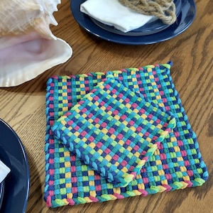 Handwoven 100% Cotton Potholders and Hot Pads, Caribbean Series Pattern 1, Farmhouse Decor, Housewarming / Hostess Gift, Bridal Shower Gift