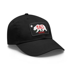May include: Black baseball cap with a patch featuring the California Republic flag. The patch includes a white bear, the word "CALI" in red, and the words "REPUBLIC" in red. A white star is also present.