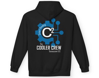 May include: Black hooded sweatshirt with a blue and white logo on the back. The logo features a gear with the words "Smart Vending" and the letters "C2". Below the logo is the text "The COOLER CREW Tennessee LLC".
