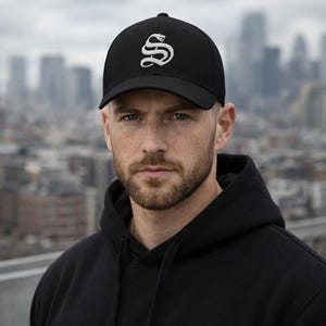May include: Black baseball cap featuring a white snake emblem. The cap is worn by a person in a black hoodie. A blurred cityscape forms the backdrop.