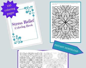 Printable Stress Relief Coloring Pages | Mental Health Activity | 100 Pages of Art Therapy | Mindfulness Coloring Printable | Adult Coloring