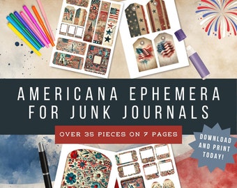 Printable Vintage Americana Junk Journal Ephemera | Patriotic Postcards Tags Folios | Americana Scrapbooking | Patriotic Ephemera Printable