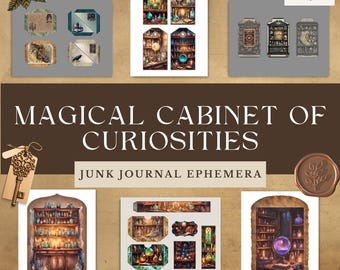 Op de afbeelding: Een set met printbare digitale ephemera met een magisch kabinet vol curiosa. De afbeeldingen bevatten een kabinet vol flessen, potten en andere voorwerpen, evenals individuele elementen zoals een raaf, een sleutel en een maan.