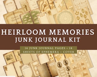 May include: A junk journal kit with vintage-style pages and ephemera. The kit includes pages with text like "Family History" and "Marriage Certificate." The kit is titled "Heirloom Memories" and includes 14 pages and ephemera.