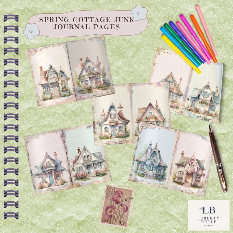 Printable Whimsical Cottage Theme Junk Journal Page | Set of 8 Bi-fold ...