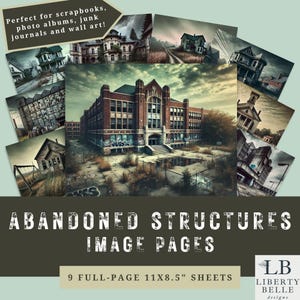 Conjunto imprimible de 9 páginas de estructuras abandonadas / Imágenes de terrenos baldíos urbanos / Impresión artística de una antigua escuela / Álbum de recortes de edificios abandonados / Arte mural