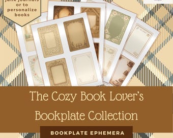 居心地の良い読書好きのためのブックプレートコレクション | 印刷可能なEx Librisラベル20枚 | ジャンクジャーナルのエフェメラ | コテージコアブックプレート | 3x4.5インチ