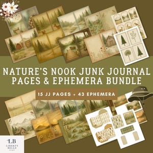 Zestaw do druku dziennika Nature’s Nook Junk | Estetyka leśnej chatki | 15 stron do druku + ponad 40 pamiątek | Zestaw vintage Nature Scrapbook Bundle
