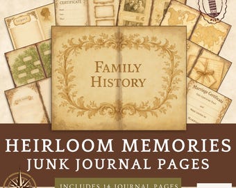 Könnte beinhalten: Eine Sammlung von Journalseiten im Vintage-Stil mit dem Text "Family History" und "Heirloom Memories Junk Journal Pages". Die Seiten enthalten Geburtsurkunden, Familienstammbaumvorlagen und Heiratsurkunden. Das Design zeigt eine Windrose und den Text "Includes 14 Journal Pages."