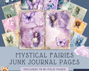 May include: A collection of digital junk journal pages featuring purple and blue watercolour illustrations of fairies and butterflies. The text reads: MYSTICAL FAIRIES JUNK JOURNAL PAGES, INCLUDES 10 BI-FOLD PAGES AND 7 FULL SHEETS. A small fox illustration is at the bottom left.